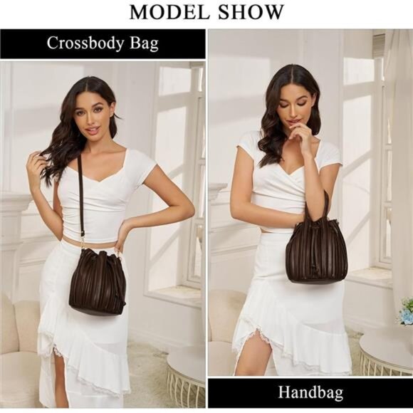 Mini Faux Leather Bucket Bags for Women Drawstring Crossbody Bucket Bag Purses - Picture 2 of 8